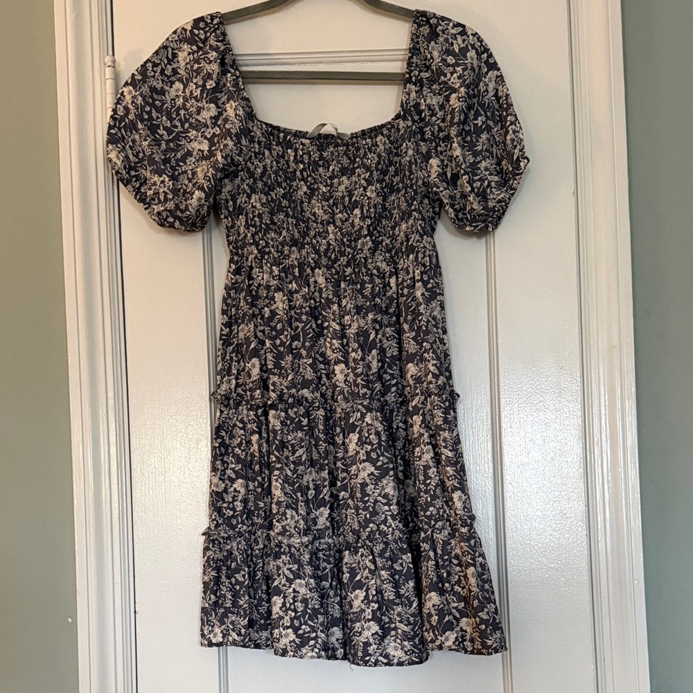 Altar’d State Navy Floral Puff-Sleeve Smocked Mini Dress